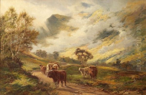 Highland Cattle - In The Trossachs Oil Painting by Louis Bosworth Hurt