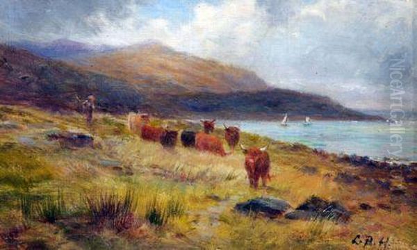 Highland Cattle On A Scottish Coastline Oil Painting by Louis Bosworth Hurt