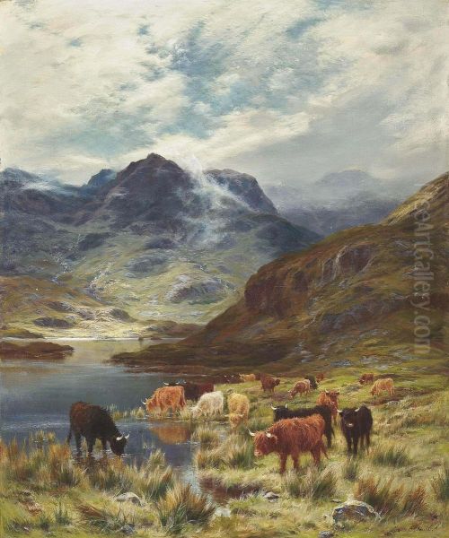 Highland Cattle Watering Beside A Loch Oil Painting by Louis Bosworth Hurt