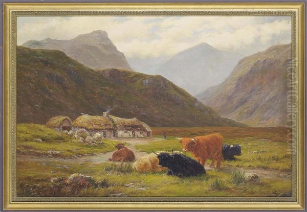 Highland Cattle Resting Near Croft Houses Oil Painting by Louis Bosworth Hurt