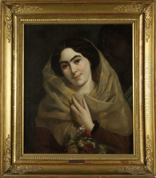 Jeune Femme Au Bouquet De Fleur Et Son Serviteur Oil Painting by Arsene Charles Hurtrel