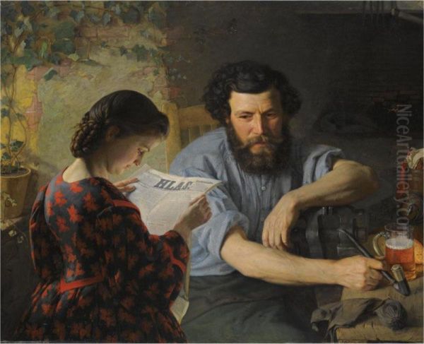 Reading The Paper Oil Painting by Jakub Husnik