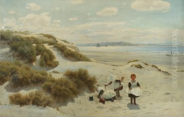 Children On The Beach By The Dunes, Blundell Sands, Liverpool, Looking Over To The Wirral Oil Painting by Thomas Huson