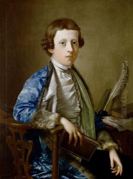 Portrait Of A Boy, Traditionally Identified As John Wolffe, Three-quarter-length, In A Blue Brocade Fur-trimmed Coat, Seated At A Table Holding A Book by Giles Hussey