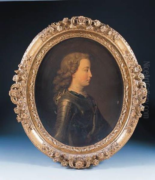 Portrait Of A Gentleman, Traditionally Identified As Prince Charlesedward Stuart, Half-length, In Armour And Ermine Trimmed Cape Oil Painting by Giles Hussey