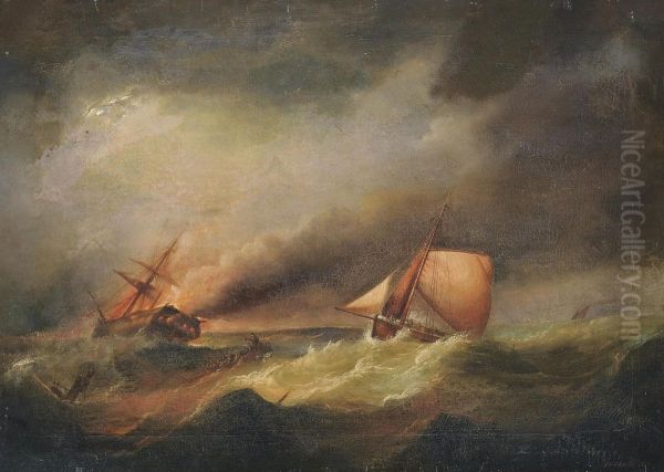 A Ship Ablaze With Rescue At Hand Oil Painting by Francis Hustwick