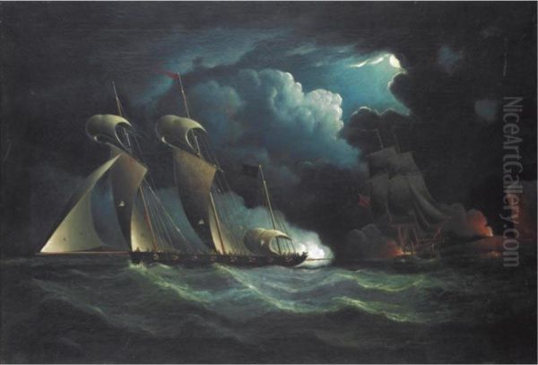 Sea Battle Oil Painting by Francis Hustwick