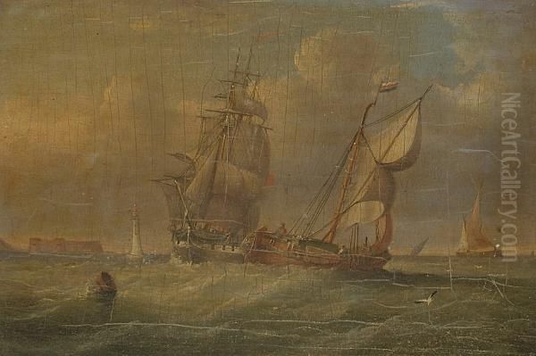 Ships Off The Perch Rock Fort And Lighthouse Oil Painting by Francis Hustwick