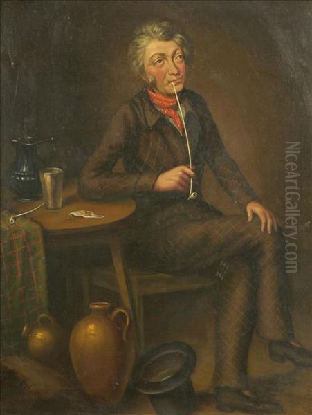 Interior Withfigure Smoking A Churchwarden Oil Painting by F Hustwiss