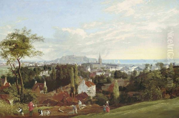 View Of St. Helier, Jersey, With Fort Regent And Elizabeth Castlein St. Aubin's Bay Beyond Oil Painting by Philip Hutchins Rogers