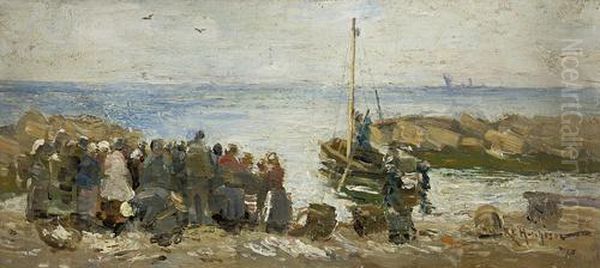 Unloading The Catch Oil Painting by Robert Gemmell Hutchison