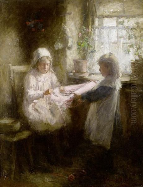 Girls Knitting Oil Painting by Robert Gemmell Hutchison