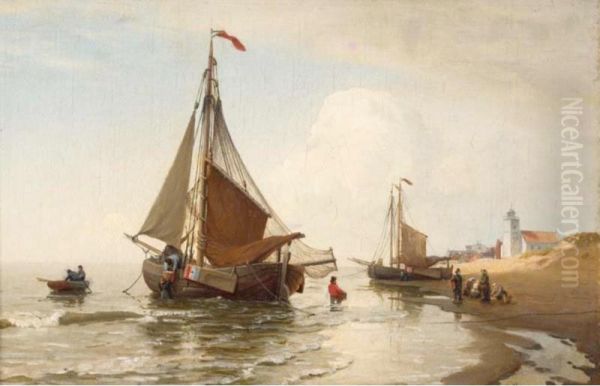 Unloading The Catch, Katwijk Aan Zee Oil Painting by Julius Huth