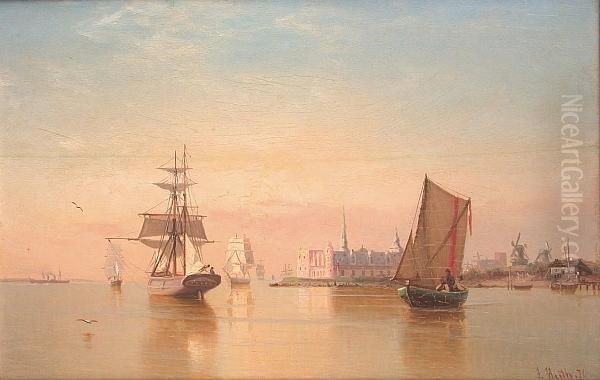 Shipping In The Sound On A Calm Day Oil Painting by Julius Huth