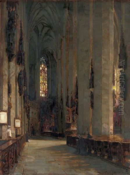 A Church Interior Oil Painting by Rudolf Huthsteiner