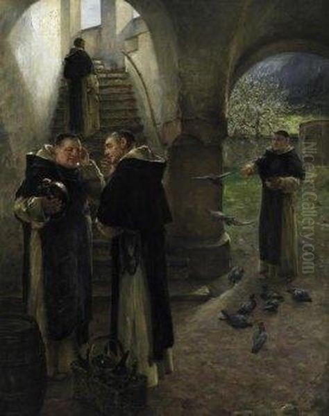 Two Monks In Discussion In Front Of The Stairs To The Dormitorium. Oil Painting by Arthur Hutschenreuter