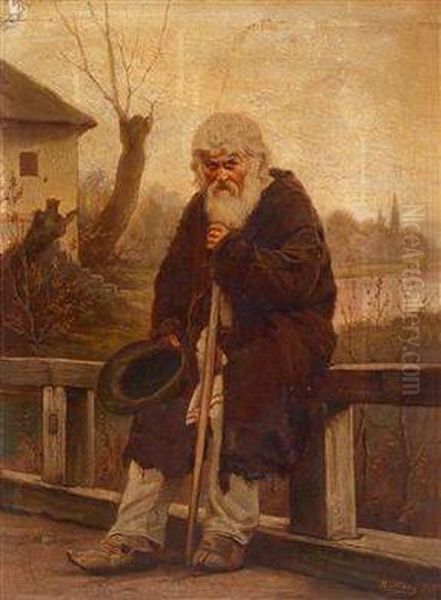 Um Almosen Bittender Mann Auf Der Brucke Oil Painting by Josef Huttary