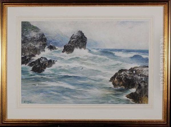 A Rocky Coastal Scene Oil Painting by Thomas Swift Hutton