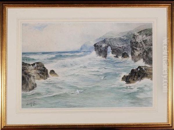 A Rocky Coastal Scene - A Companion View To The Previous Lot Oil Painting by Thomas Swift Hutton