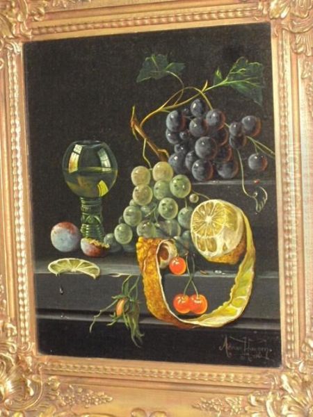 Still Life Of Fruit And Wine Glass Oil Painting by Adriaen Huygens