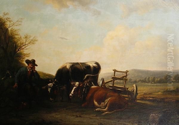 A Farmer With Oxen Resting Beside A Cart Oil Painting by Frederik Lodewijk Huygens