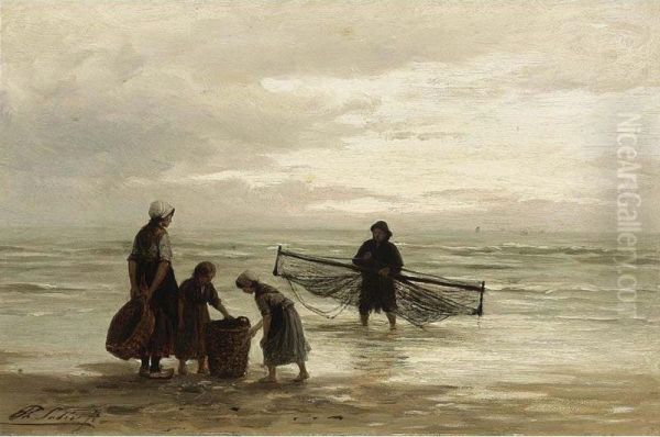 A Shrimper On The Beach Oil Painting by Frederik Lodewijk Huygens