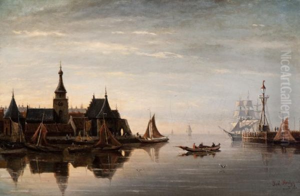 Ships In The Harbour Entrance Oil Painting by Johannes Huygens