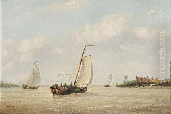 Sailing Boats In An Estuary Oil Painting by Johannes Huygens