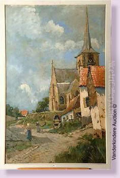 Les Alentours De L'eglise De Linkebeek Animes Oil Painting by Leon Huygens