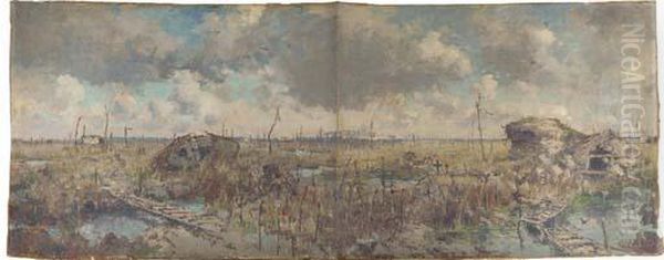 Battlefield With Tank Oil Painting by Leon Huygens