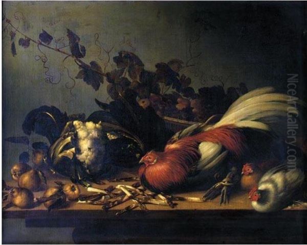 A Still Life Of A Cockerel And Chicks On A Ledge Surrounded By Asparagus, Cauliflower And Pears, A Basket Of Mixed Fruit Behind Oil Painting by Balthasar Huys