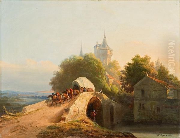 Flusslandschaft Mit Handlern Und Planwagen Oil Painting by Constantinus Cor. Huysmans