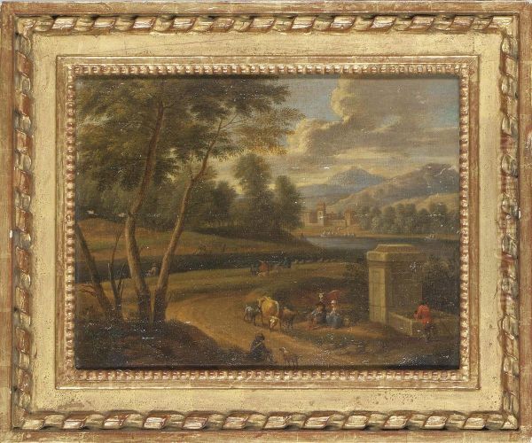 An Extensive River Landscape With Travellers Resting By A Fountain Oil Painting by Cornelis Huysmans