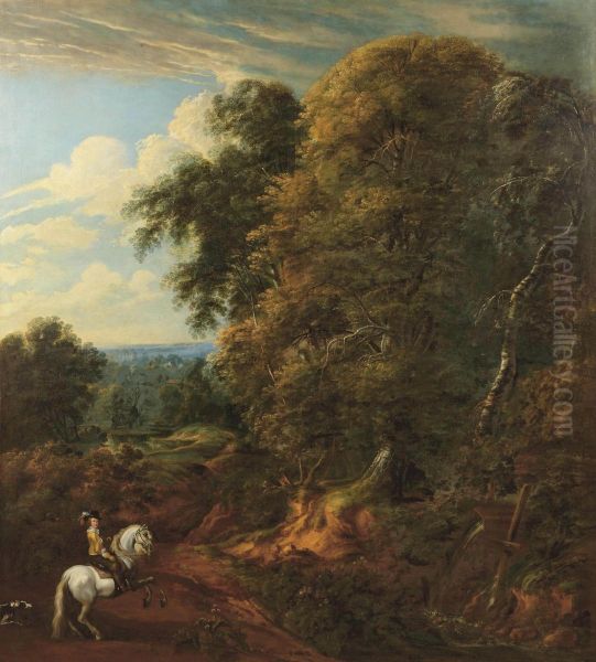 A Wooded Landscape With A Horseman Near A Stream Oil Painting by Cornelis Huysmans