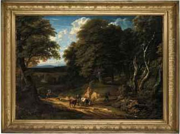 A Wooded Landscape With Figures And Cattle On A Track Oil Painting by Cornelis Huysmans