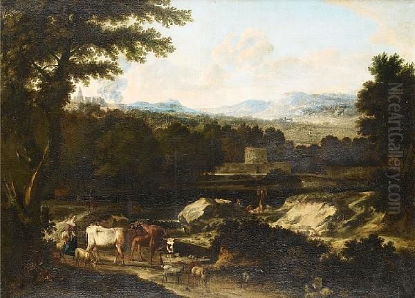 Drovers And Their Cattle In An Italianatelandscape With A Fortification In The Distance Oil Painting by Cornelis Huysmans