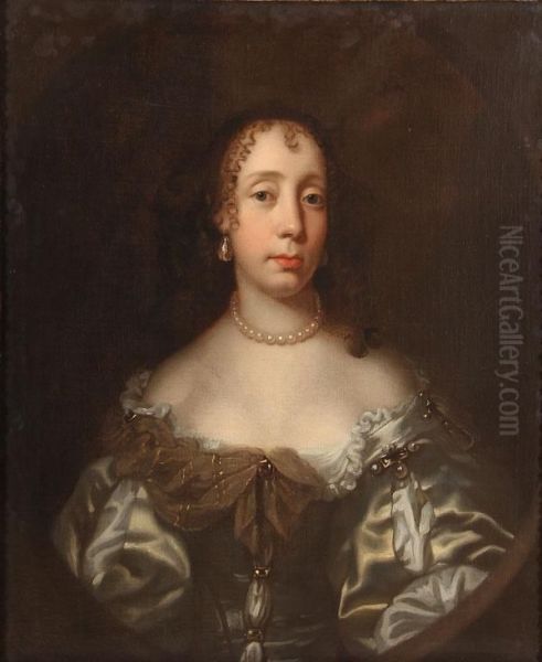 Portrait Of Catherine Braganza Wearing A Satin Dress, Pearl Necklace And Earrings Oil Painting by Jacob Huysmans