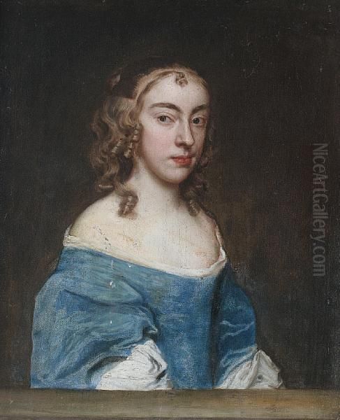 Portrait Of A Lady, Half-length, In A Blue Dress And A White Chemise, Seated Behind A Stone Ledge Oil Painting by Jacob Huysmans