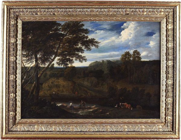 A Wooded River Landscape With Barge, Figures And Animals Oil Painting by Jan Baptist Huysmans