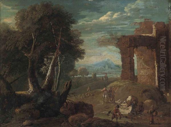 A Capriccio With Classical Ruins And Figures On A Track, A Lake And Mountains Beyond Oil Painting by Jan Baptist Huysmans