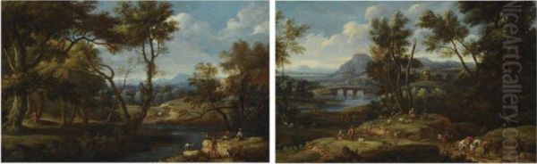 A Wooded River Landscape With Shepherds And Their Flock Resting In The Foreground, A Bridge Beyond Oil Painting by Jan Baptist Huysmans