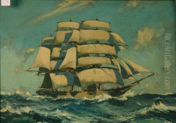 Study Of Three-masted Square-rigged Sailing Vessel On Choppy Waters Oil Painting by William Hyams