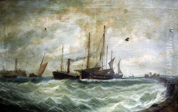 Paddle Steamer And Other Shipping Entering Harbour Oil Painting by William Hyams