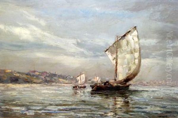 Fishing Boats Off A Coast Oil Painting by William Henry Hyde