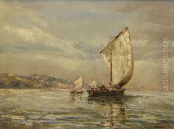 Sailing Boats Off A Coast Oil Painting by William Henry Hyde