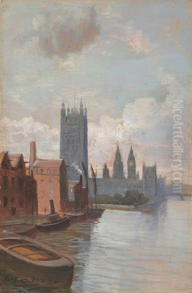 Westminster Palace From Lambeth Bridge Oil Painting by George Hyde Pownall