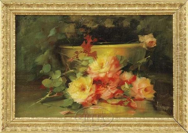 Yellow Bowl With Roses Oil Painting by Florine Hyer