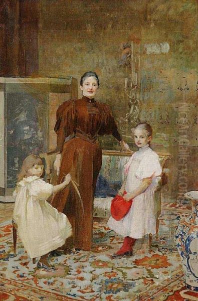 A Portrait Of Mrs. Hrusova With Children Oil Painting by Vojtech Hynais