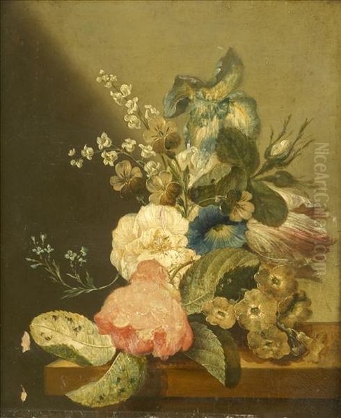 Iris, Convolvulus And Other Flowers On A Stone Ledge Oil Painting by Jan Van Hysum