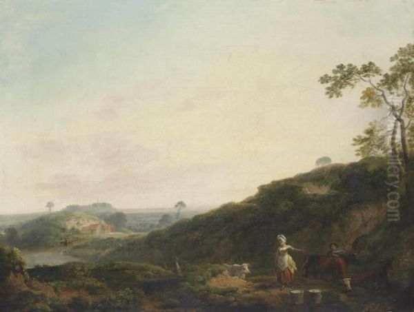 A Wooded Landscape With Peasants And Cattle On A Track Oil Painting by Julius Caesar Ibbetson